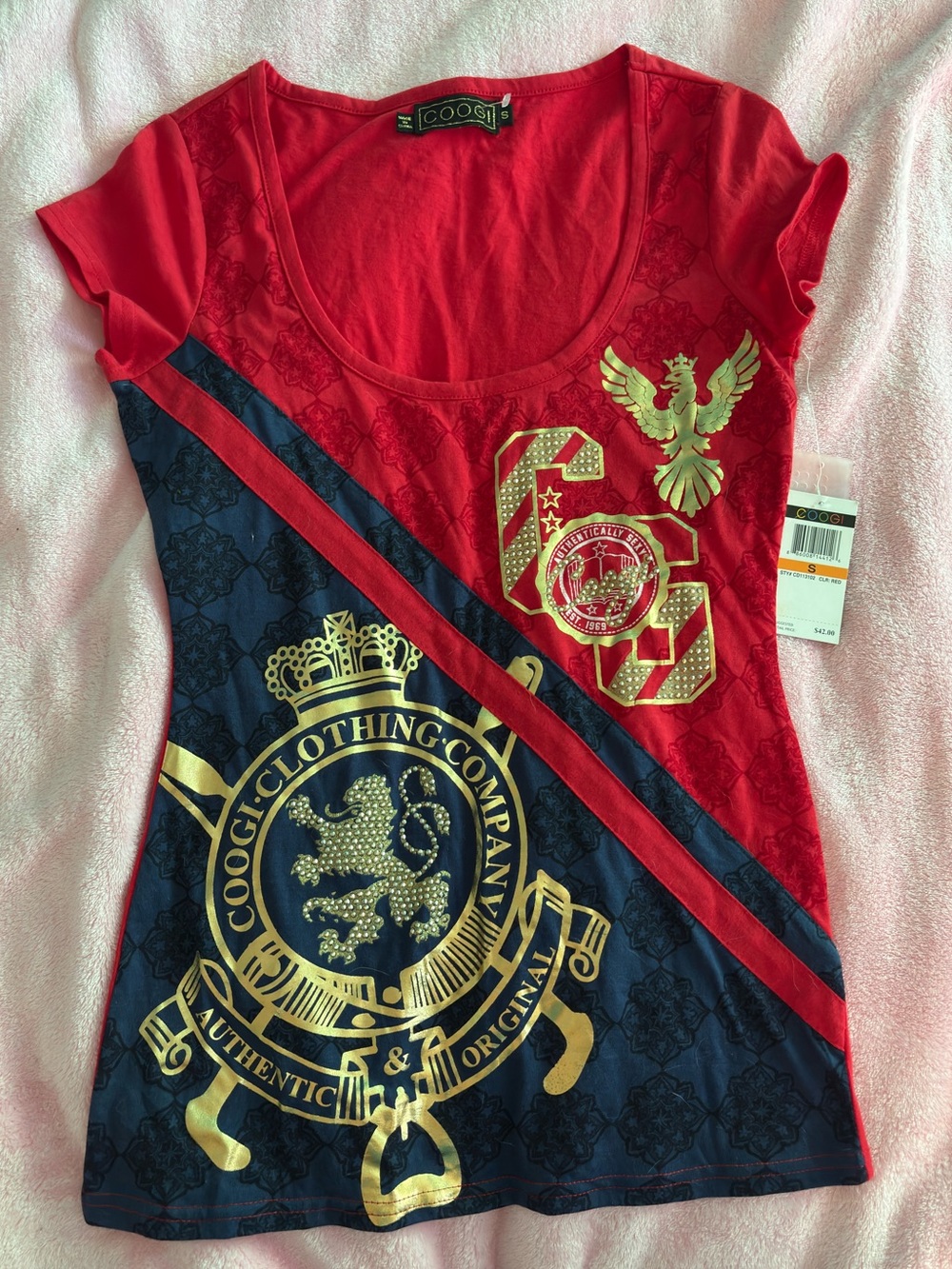 Coogi Red and Navy Colorblock Rhinestone Short Sleeve Scoop Neck Graphic Tee S